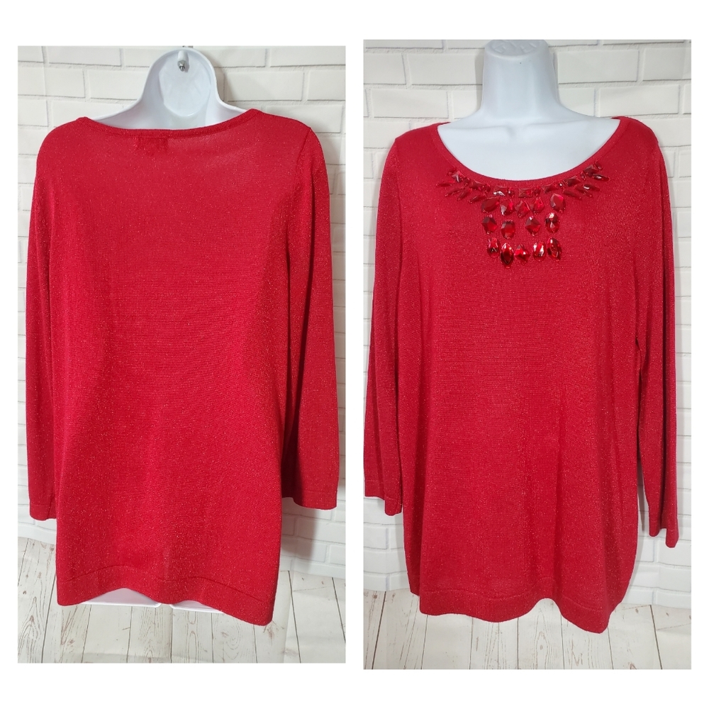 Joseph A. Red Festive Beaded Shiny Sweater